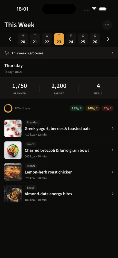 Mise weekly meal-plan screen with meals arranged across the week.