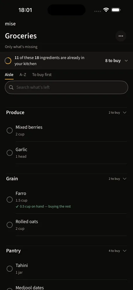 Mise grocery-list screen with the remaining ingredients grouped for a shopping trip.